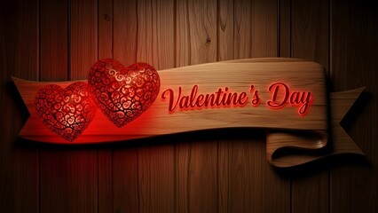 Two ornate red hearts glowing on a wooden banner with neon text 'Valentine's Day'.