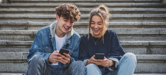 The friends sitting on steps sharing smartphones and laughing together on a sunny day