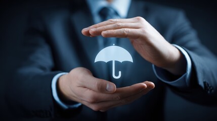Business professional hands protecting a glowing umbrella icon symbolizing security and insurance