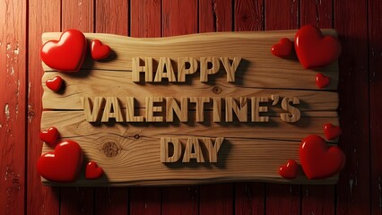 Rustic wooden sign with carved text 'HAPPY VALENTINE'S DAY' surrounded by red hearts.