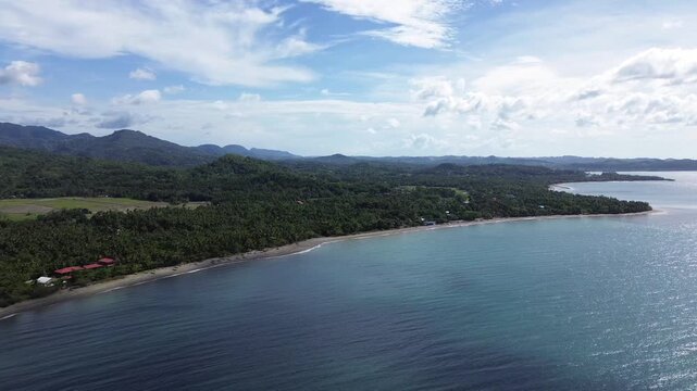 Drone aerial footage showing an untouched beach on Tablas Island in Odiongan, Philippines, with dense palm forest, lush greenery, and gentle hills in the background under clear sunny skies.