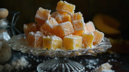 Yellow marshmallows made from fresh mango in the form of cubes. A delicate and sweet dessert.
