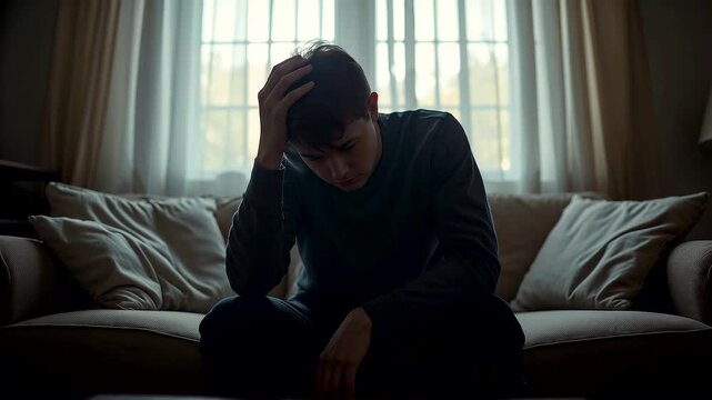 Young man sitting on living room sofa holding head near window in low light home interior scene