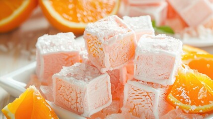 Orange marshmallows in the shape of cubes. A delicate and sweet dessert.