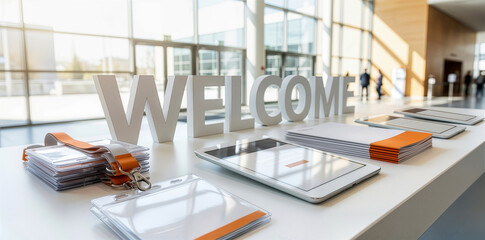 Event registration desk featuring large white welcome sign, digital tablets for check-in, name badges and brochures in sunny conference center lobby for business convention.