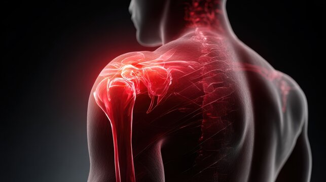 3D rendering of a human shoulder joint with glowing red inflammation and pain signals