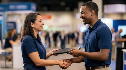 Smiling Hispanic woman and African American man recruiters shaking hands at job fair, diverse professionals in navy polos exchanging folder, celebrating hiring success at corporate trade show.