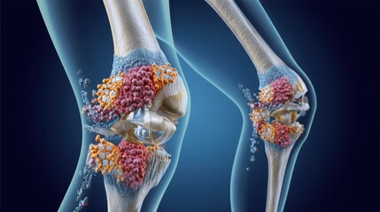 Gout crystals in knee joint causing inflammation and pain, medical illustration