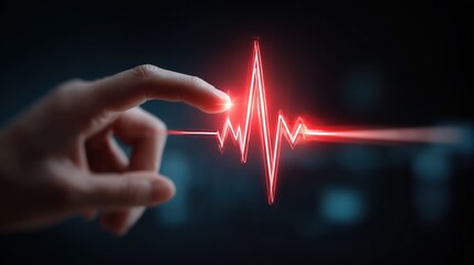 Human finger touching a glowing red electrocardiogram pulse line on a dark background