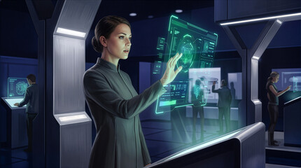 Young professional woman touching holographic interface at futuristic trade show booth, utilizing immersive augmented reality technology for corporate innovation and digital data analysis.