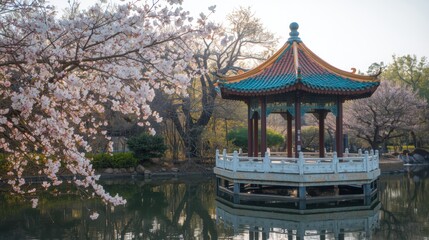 Obraz premium Traditional pavilion amidst cherry blossoms