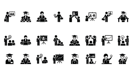 Collection of diverse black and white pictogram icons illustrating various concepts related to teaching business training graduation and professional learning activities