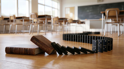 Conceptual education image of book titled The Ripple Effect knocking over black dominoes on wooden classroom floor, symbolizing teacher influence, mentorship, chain reaction and lasting impact.