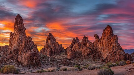 Dramatic volcanic rock formations sculpted by wind and erosion under a vibrant sunset sky