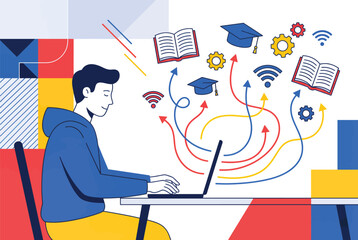 Online education vector concept of student using laptop with icons of books and graduation caps representing seamless digital learning technology and remote academic connectivity.