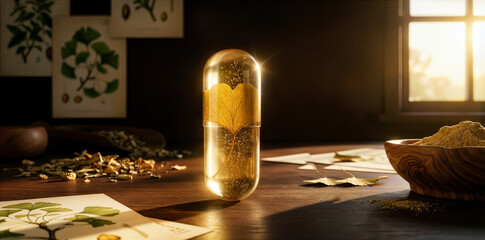 Transparent herbal capsule with ginkgo biloba leaf inside on wooden table, natural sunlight, botanical medicine for cognitive support and brain health concept, holistic wellness.