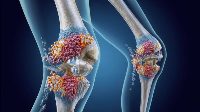 Gout crystals in knee joint causing inflammation and pain, medical illustration