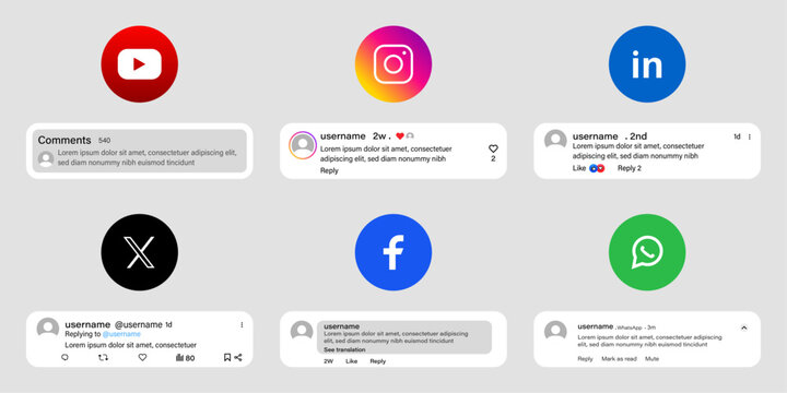 notification set  A conceptual grid illustration showing major social media and communication platform logos alongside generic user interface comment and interaction boxes on a light gray background.