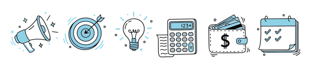 Business doodle line icon set isolated on transparent background. Hand drawn Business related elements can be used in marketing