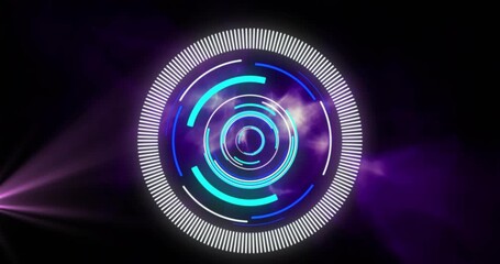 Animation of scope scanning and data processing with purple light trail over black background - Powered by Adobe