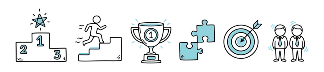 Business doodle line icon set isolated on transparent background. Hand drawn Business related elements can be used in marketing