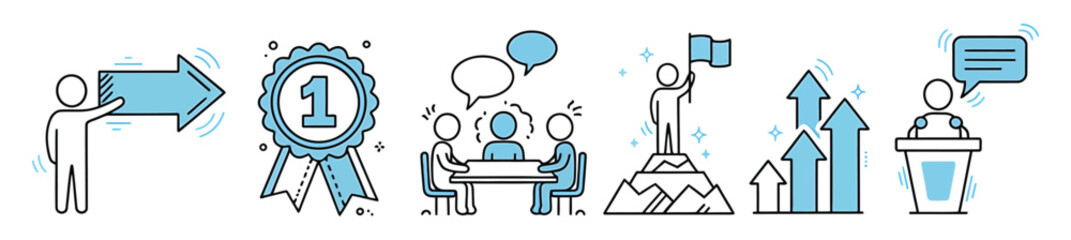 Business doodle line icon set isolated on transparent background. Hand drawn Business related elements can be used in marketing