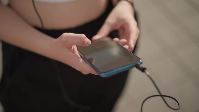 young woman connects headphones to phone outdoors, cropped torso and hands, headphone cable plugged into device, protective phone case, sunlight on tiled pavement, focused preparation for street