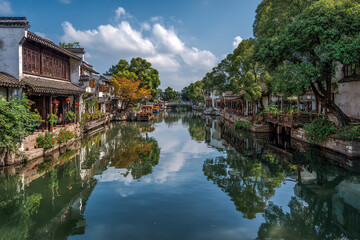 Obraz premium Scenic Canal with Traditional Chinese Architecture