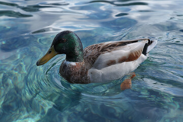 Fototapeta premium Male Mallard Duck Swimming in Clear Blue Water