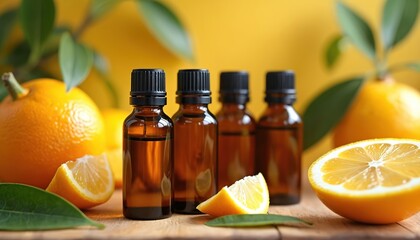 Bottles with citrus essential oil next to orange fruit slices, lemons. Aromatherapy wellness concept. Natural skincare, spa treatment, alternative medicine. Fresh fruity aroma, vitamin C source for