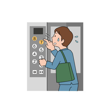 地震発生時にエレベーター内で非常ボタンを押す男性のイラスト
