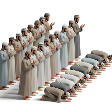 3D render of a large group of Muslim men performing congregational prayer (salat), with some standing and others prostrating.