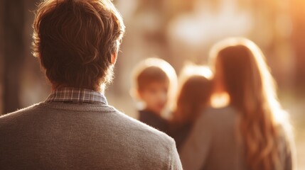 A man wearing a sweater stands with his back to the camera facing a blurred family bathed in golden hour sunlight