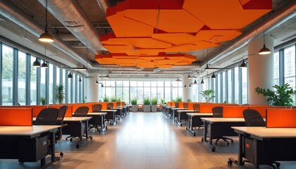 Modern open plan office interior with bright orange dividers. Rows of desks, chairs, plants fill spacious, sunlit workspace. Contemporary design promotes productivity, comfort in clean, airy