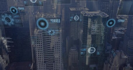 Animation of round scanners and data processing against aerial view of cityscape - Powered by Adobe