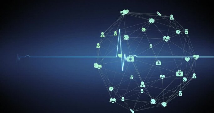 Animation of heart rate monitor over globe of medial icons spinning against blue background