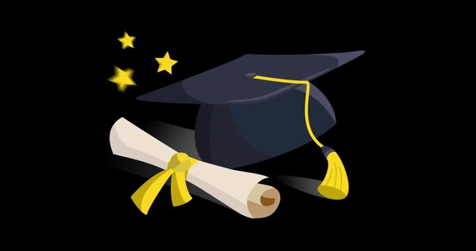 Animation of graduation certificate and hat icons over black background