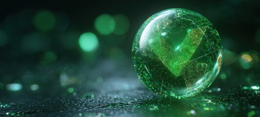 The Glass Sphere with a Green Checkmark and Digital Network Visualization