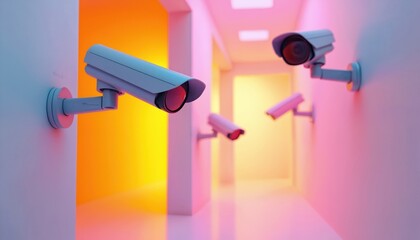 Multiple surveillance cameras mounted on walls in a colorful hallway. Futuristic security tech monitors environment, providing visual oversight and digital awareness.