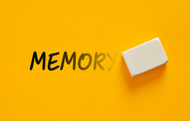 Eraser deleting the word memory on yellow background