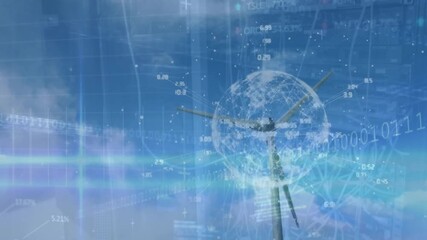 Animation of financial data processing over wind turbine and globe - Powered by Adobe