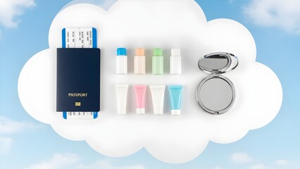 Travel size cosmetics flat lay airplane tray passport boarding pass cloud background sky blue gradient beauty essentials 