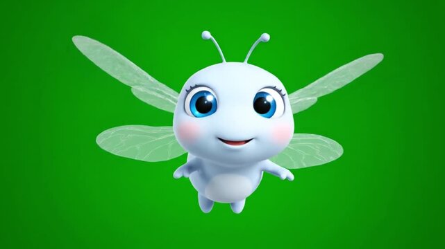 A cheerful cartoon bug with big blue eyes and translucent wings against a solid green background.