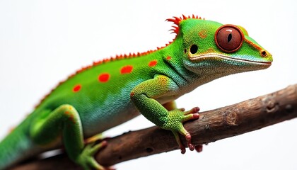 Obraz premium Vibrant day gecko rests on branch. Green lizard has red spots along body. Reptile with big eyes is isolated on white background. Exotic animal looks curious on wood.