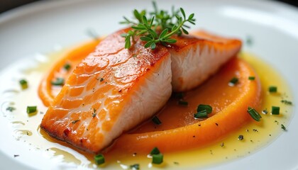Seared salmon fillet served atop vibrant orange puree. Fresh herbs garnish dish. This photo showcases culinary elegance on white plate. Image provides inspiration for healthy eating and fine dining.