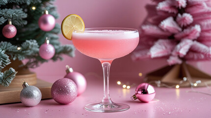 Pink cocktail with lemon slice on stemmed glass surrounded by Christmas decorations