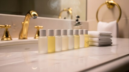 cosmetics luxury hotel amenities marble bathroom counter gold fixtures steam white gradient hospitality