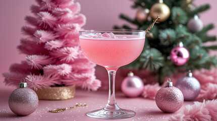 Pink cocktail in elegant glass with ice surrounded by Christmas ornaments