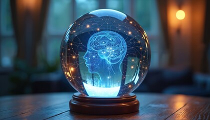 Glowing neural network brain inside crystal ball. Digital art envisions future artificial intelligence, tech innovation, and predictive insights. Concept art for AI.
