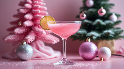 Pink cocktail with lemon slice on festive holiday table